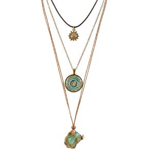 MINACHI Bohemian Retro Style Multi Layer Necklace, Green Crystal Sun and Floral Pendant, Ethnic Jewelry for Women