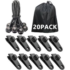 20 Pack - 10 Pcs Tarp Clips & 10 Pcs Ball Bungee Cords, Heavy Duty Tarp Clamps for Tent Awnings Caravan Canopies Car Cover Swimming Pool Cover Boat Cover Fasteners Clips (20 Pack)
