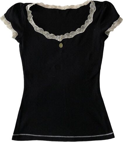 Y2K Fairy Lace Trim Top for Teen Girls Short Sleeve Slim Fit T-Shirts 2000s Tees Aesthetic Clothes in Saudi Arabia