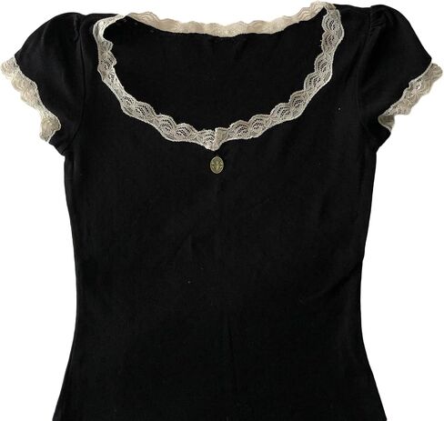 Y2K Fairy Lace Trim Top for Teen Girls Short Sleeve Slim Fit T-Shirts 2000s Tees Aesthetic Clothes in Saudi Arabia