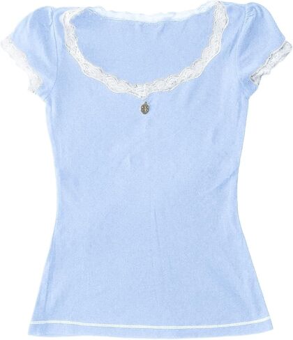 Y2K Fairy Lace Trim Top for Teen Girls Short Sleeve Slim Fit T-Shirts 2000s Tees Aesthetic Clothes in Saudi Arabia