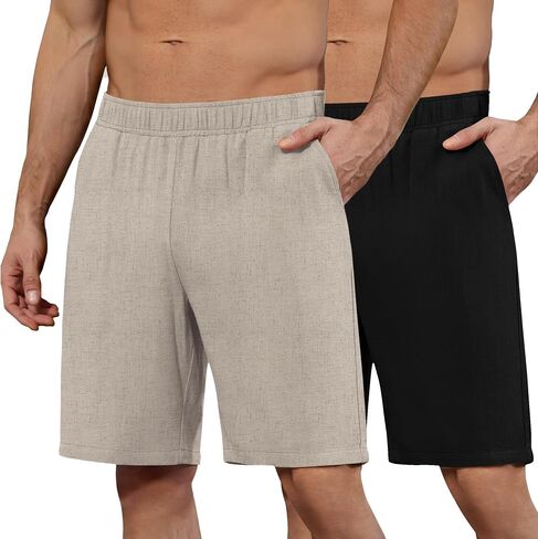 Huukeay 2 Pack Men's Linen Shorts Elastic Waist Drawstring Bermuda Shorts Summer Casual Classic Pants with Pockets in Saudi Arabia