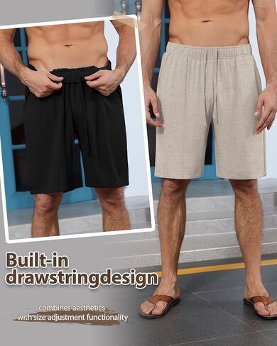 Huukeay 2 Pack Men's Linen Shorts Elastic Waist Drawstring Bermuda Shorts Summer Casual Classic Pants with Pockets in Saudi Arabia