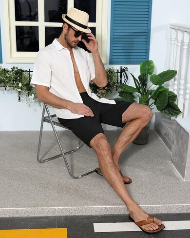 Huukeay 2 Pack Men's Linen Shorts Elastic Waist Drawstring Bermuda Shorts Summer Casual Classic Pants with Pockets in Saudi Arabia