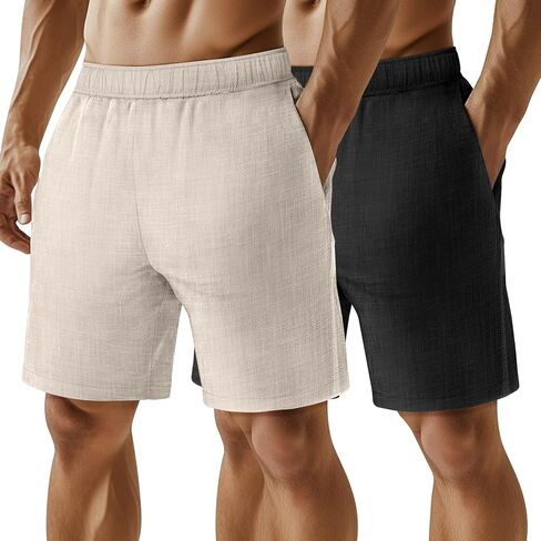 Neer 2 Pack Men's Linen Shorts Casual Lightweight Elastic Waist Summer Plus Size Vacation Beach Shorts with Pockets in Saudi Arabia