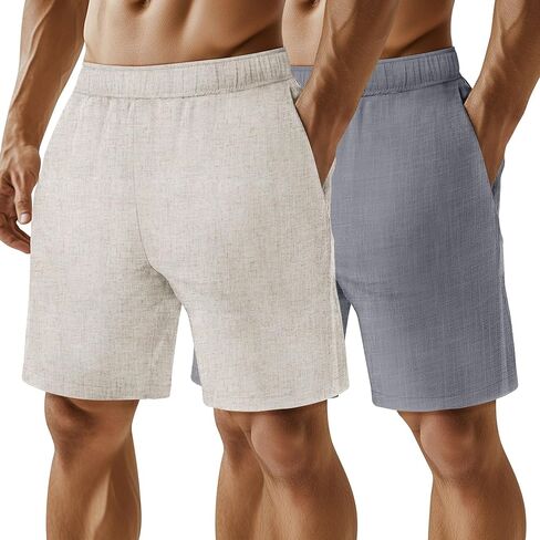 Neer 2 Pack Men's Linen Shorts Casual Lightweight Elastic Waist Summer Plus Size Vacation Beach Shorts with Pockets in Saudi Arabia