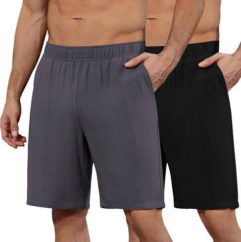 Huukeay 2 Pack Men's Linen Shorts Elastic Waist Drawstring Bermuda Shorts Summer Casual Classic Pants with Pockets in Saudi Arabia