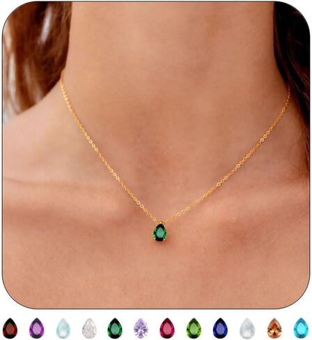 18K Gold Plated Birthstone Necklace for Women Dainty Diamond Teardrop Necklaces Emerald Green CZ Pendant Necklace Birthday Gift for Women Jewelry in Kuwait