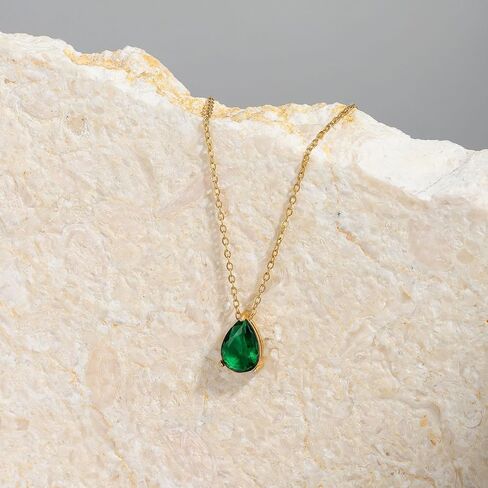 18K Gold Plated Birthstone Necklace for Women Dainty Diamond Teardrop Necklaces Emerald Green CZ Pendant Necklace Birthday Gift for Women Jewelry in Kuwait
