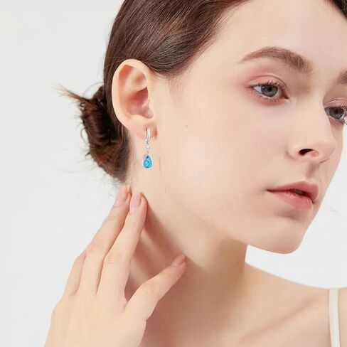 Turquoise Dangle Earrings, Rectangle Turquoise Leverback Earrings S925 Sterling Silver Gemstone Earrings Jewelry for Women Girls in Kuwait