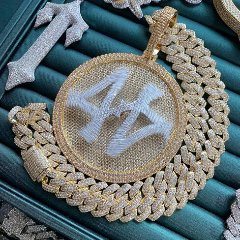 ICEDIAMOND 14K Hip Hop Jumbo 44 Rotating Medal Pendant with 14mm Cuban Link Chain, Gold Plated Iced Out Super Sparkling CZ Diamond Necklace for Men in Kuwait