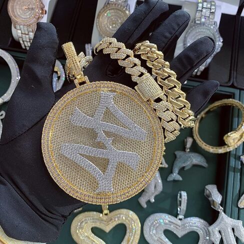 ICEDIAMOND 14K Hip Hop Jumbo 44 Rotating Medal Pendant with 14mm Cuban Link Chain, Gold Plated Iced Out Super Sparkling CZ Diamond Necklace for Men in Kuwait