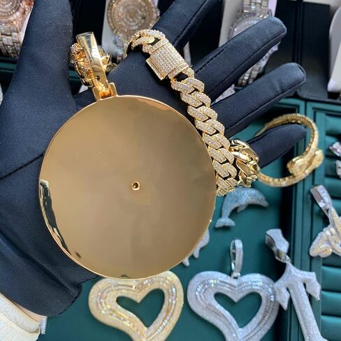 ICEDIAMOND 14K Hip Hop Jumbo 44 Rotating Medal Pendant with 14mm Cuban Link Chain, Gold Plated Iced Out Super Sparkling CZ Diamond Necklace for Men in Kuwait