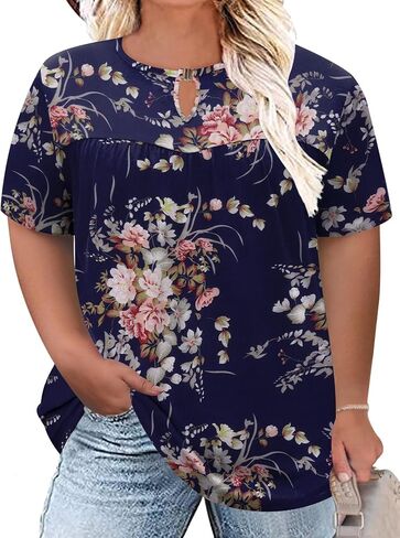 Lomon Womens Plus Size Tops Short Sleeve Tirts v الرقبة المطوية بلوزة المفتاح الصيف غير الرسمي Tunic Tee 1x-5x in Kuwait