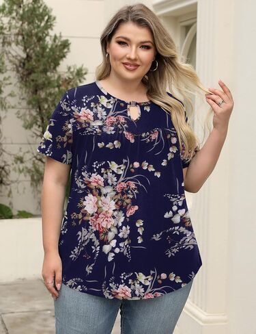 Lomon Womens Plus Size Tops Short Sleeve Tirts v الرقبة المطوية بلوزة المفتاح الصيف غير الرسمي Tunic Tee 1x-5x in Kuwait