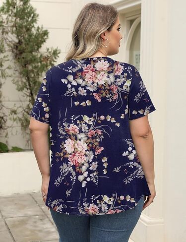 Lomon Womens Plus Size Tops Short Sleeve Tirts v الرقبة المطوية بلوزة المفتاح الصيف غير الرسمي Tunic Tee 1x-5x in Kuwait