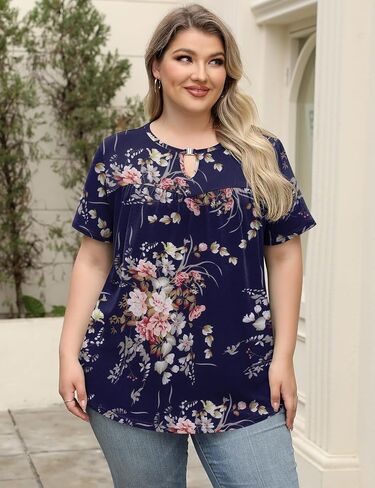 Lomon Womens Plus Size Tops Short Sleeve Tirts v الرقبة المطوية بلوزة المفتاح الصيف غير الرسمي Tunic Tee 1x-5x in Kuwait
