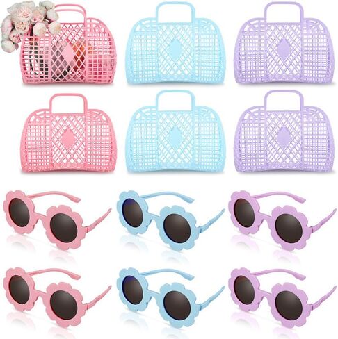 Sweetude 6 Sets Jelly Tote Bags with Flower Sunglasses for Girls Women 6 Plastic Jelly Bag Jelly Purse Reusable Beach Basket 6 Flower Glasses Beach Eyewear for Bridal Wedding Party Gift in Saudi Arabia