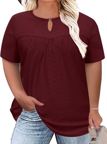 Lomon Womens Plus Size Tops Short Sleeve Tirts v الرقبة المطوية بلوزة المفتاح الصيف غير الرسمي Tunic Tee 1x-5x in Kuwait