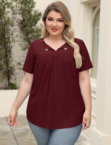 Lomon Womens Plus Size Tops Short Sleeve Tirts v الرقبة المطوية بلوزة المفتاح الصيف غير الرسمي Tunic Tee 1x-5x in Kuwait