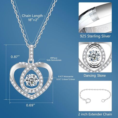 Diamond Floating Heart Necklace,Moissanite Dancing Pendent Chain for Women,S925 Sterling Sliver Lab Diamond Jewelry Halo Necklace Gifts for Valentine's Day Women Wife Mom in Saudi Arabia