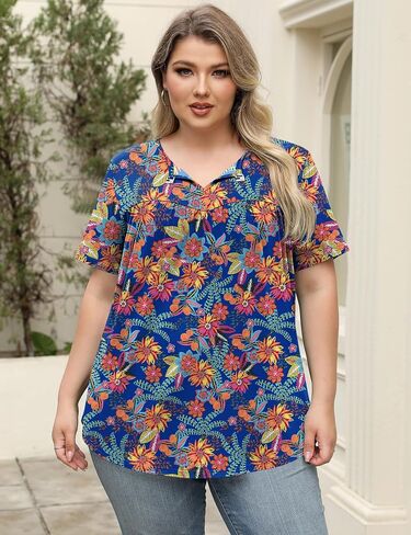 Lomon Womens Plus Size Tops Short Sleeve Tirts v الرقبة المطوية بلوزة المفتاح الصيف غير الرسمي Tunic Tee 1x-5x in Saudi Arabia