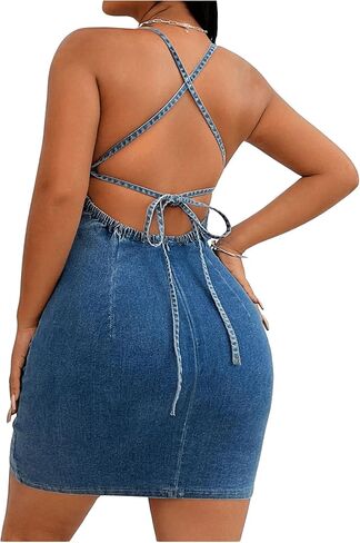 Floerns Women's Backless Criss Cross Denim Cami Dress Halter Neck Bodycon Mini Dresses in Kuwait