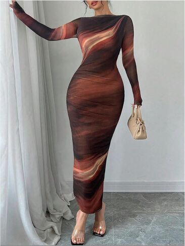 Milumia Women's Tie Dye Long Sleeve Mesh Dress Ruched Bodycon Cocktail Dresses in Saudi Arabia