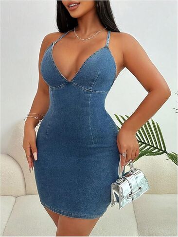 Floerns Women's Backless Criss Cross Denim Cami Dress Halter Neck Bodycon Mini Dresses in Kuwait