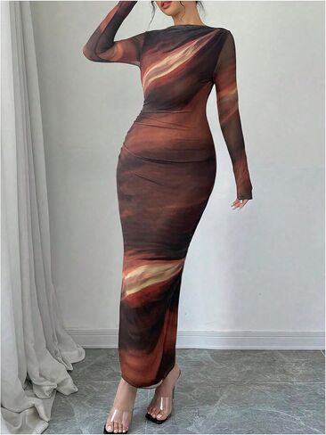 Milumia Women's Tie Dye Long Sleeve Mesh Dress Ruched Bodycon Cocktail Dresses in Saudi Arabia