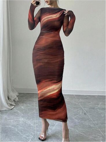 Milumia Women's Tie Dye Long Sleeve Mesh Dress Ruched Bodycon Cocktail Dresses in Saudi Arabia