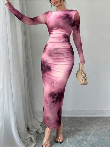 Milumia Women's Tie Dye Long Sleeve Mesh Dress Ruched Bodycon Cocktail Dresses in Saudi Arabia
