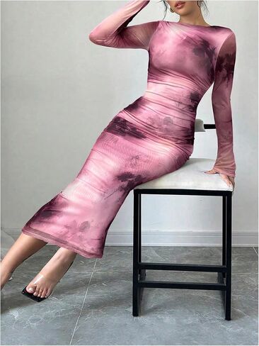 Milumia Women's Tie Dye Long Sleeve Mesh Dress Ruched Bodycon Cocktail Dresses in Saudi Arabia