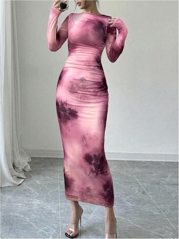 Milumia Women's Tie Dye Long Sleeve Mesh Dress Ruched Bodycon Cocktail Dresses in Saudi Arabia