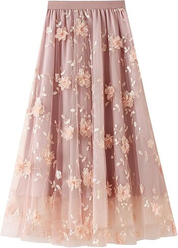 نساء ميدي تول تول تنانير الأزهار تطريز طبقة طرفية تنانير الجنية مرنة الخصر A-Line Mesh Skirt in Kuwait