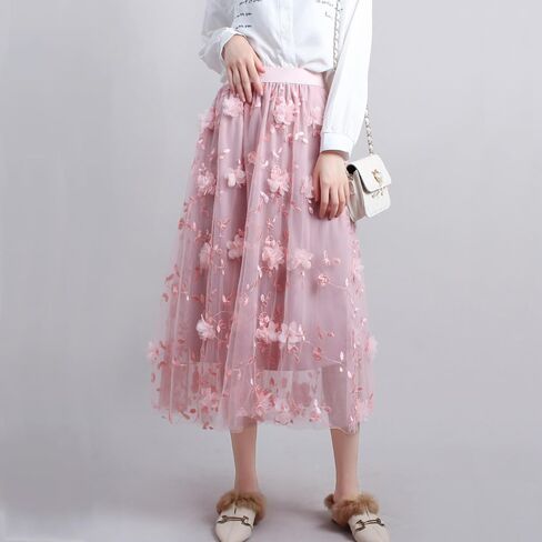 نساء ميدي تول تول تنانير الأزهار تطريز طبقة طرفية تنانير الجنية مرنة الخصر A-Line Mesh Skirt in Kuwait