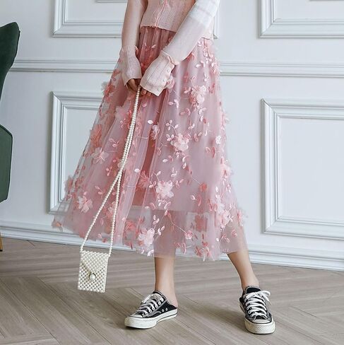 نساء ميدي تول تول تنانير الأزهار تطريز طبقة طرفية تنانير الجنية مرنة الخصر A-Line Mesh Skirt in Kuwait