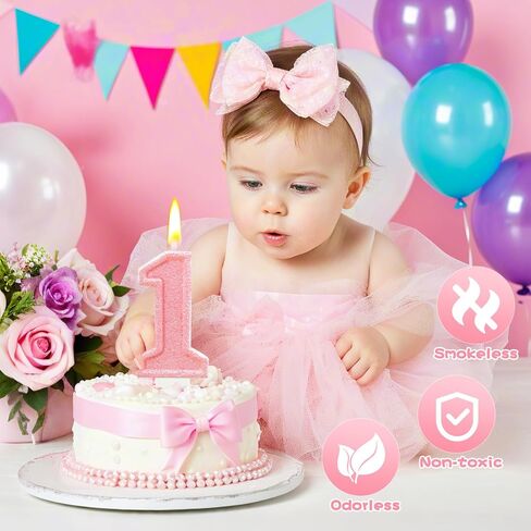 Pink Glitter رقم 1 شمعة - كعكة عيد الميلاد الأولى توبيبر للفتيات ، شمعة واحدة لزخارف عيد الميلاد الأولى ، دش الطفل وديكور الحفلات in Kuwait