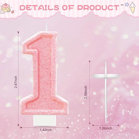 Pink Glitter رقم 1 شمعة - كعكة عيد الميلاد الأولى توبيبر للفتيات ، شمعة واحدة لزخارف عيد الميلاد الأولى ، دش الطفل وديكور الحفلات in Kuwait