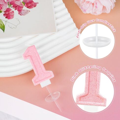 Pink Glitter رقم 1 شمعة - كعكة عيد الميلاد الأولى توبيبر للفتيات ، شمعة واحدة لزخارف عيد الميلاد الأولى ، دش الطفل وديكور الحفلات in Kuwait