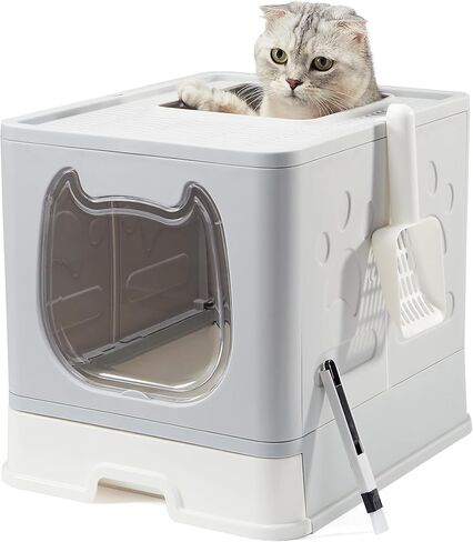 Vealind Covered Cat Litter Box with Sifting Lid, Kitty Litter Box Enclosure, Top Entry Enclosed Litter Box with Litter Scooper and Brush, Black & White Easy Clean Hooded Travel Litter Box for Cats in Kuwait