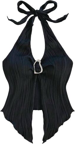 Milumia Women's Textured Tie Backless Halter Top Metal Decor Sleeveless Slit Hem Tank Tops in Kuwait