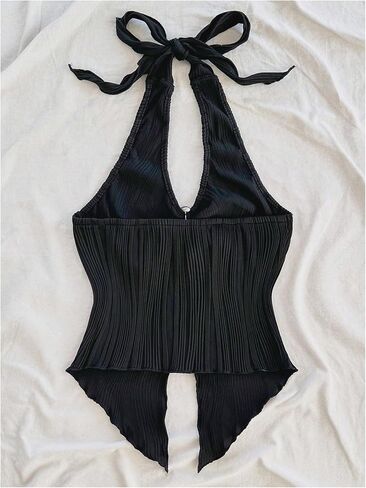 Milumia Women's Textured Tie Backless Halter Top Metal Decor Sleeveless Slit Hem Tank Tops in Kuwait