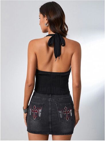 Milumia Women's Textured Tie Backless Halter Top Metal Decor Sleeveless Slit Hem Tank Tops in Kuwait