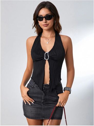 Milumia Women's Textured Tie Backless Halter Top Metal Decor Sleeveless Slit Hem Tank Tops in Kuwait