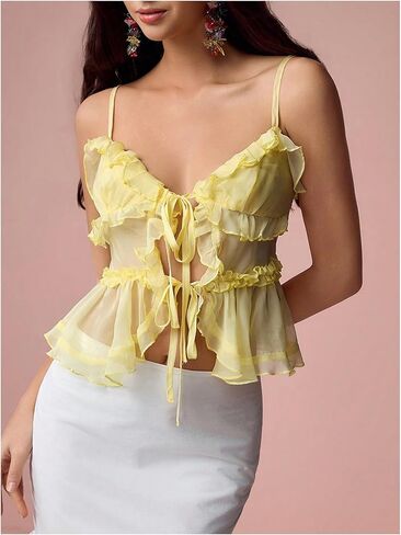 MakeMeChic Women's V Neck Mesh Cami Top Bow Tie Front Spaghetti Strap Frill Trim Ruffle Hem Camisole Tops in Kuwait