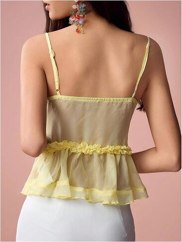 MakeMeChic Women's V Neck Mesh Cami Top Bow Tie Front Spaghetti Strap Frill Trim Ruffle Hem Camisole Tops in Kuwait