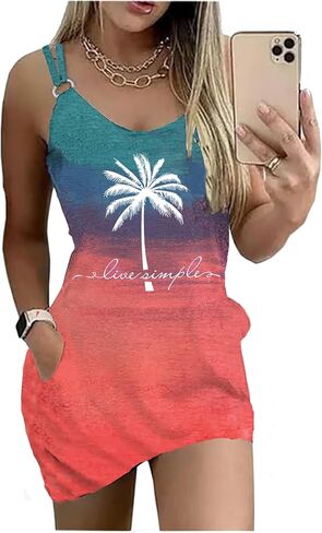 Women's Live Simple Coconut Tree Color Block Mini Dress Spaghetti Strap Halter Strap Sleeveless Mini Dress with Pockets in Saudi Arabia