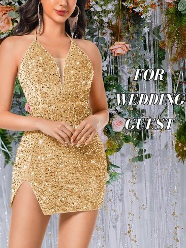Sexy Sequin Dress for Women,Sparkly Glitter Velvet Mini Prom Dresses,Plunge Backless Club Outfit Cocktail Party in Saudi Arabia