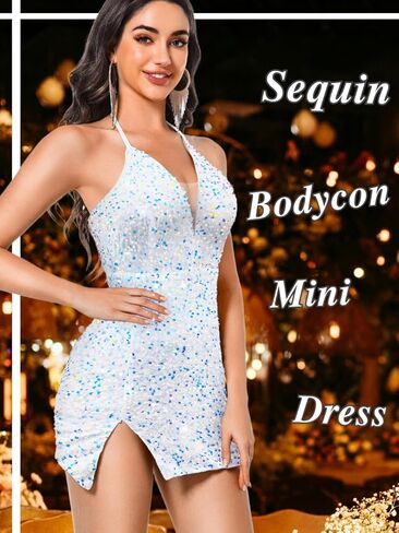 Sexy Sequin Dress for Women,Sparkly Glitter Velvet Mini Prom Dresses,Plunge Backless Club Outfit Cocktail Party in Kuwait